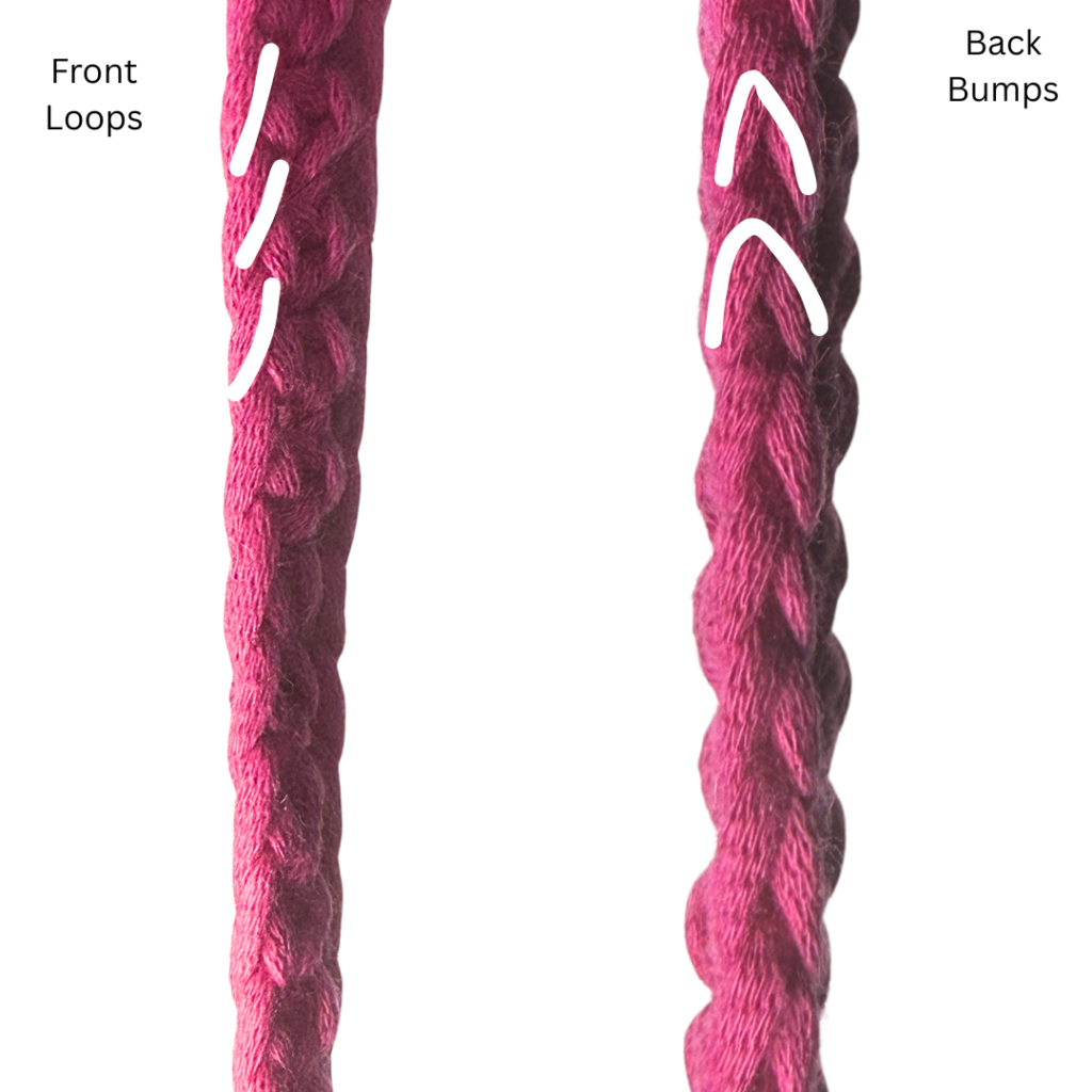 This image shows the comparison of a crochet row when you crochet in the back bumps vs the front loops and has drawings on it showing the difference 